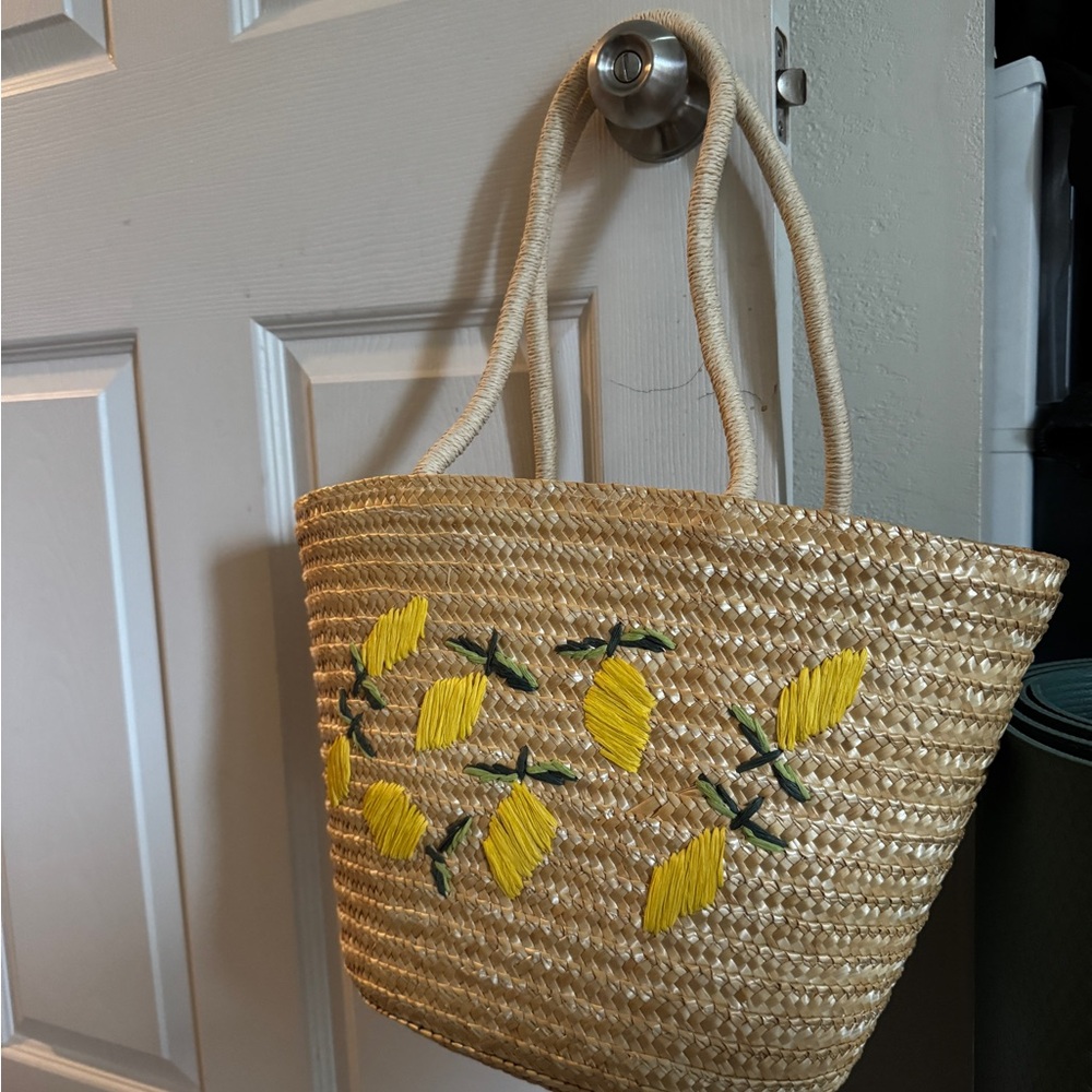 Straw Tote Bag with Yellow Lemon Design